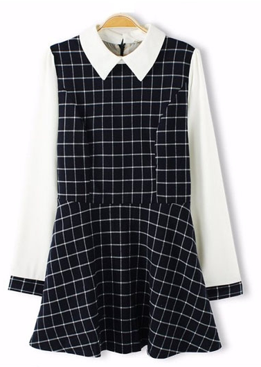6KS // Label Color Blocking Grid Long Sleeve Dress